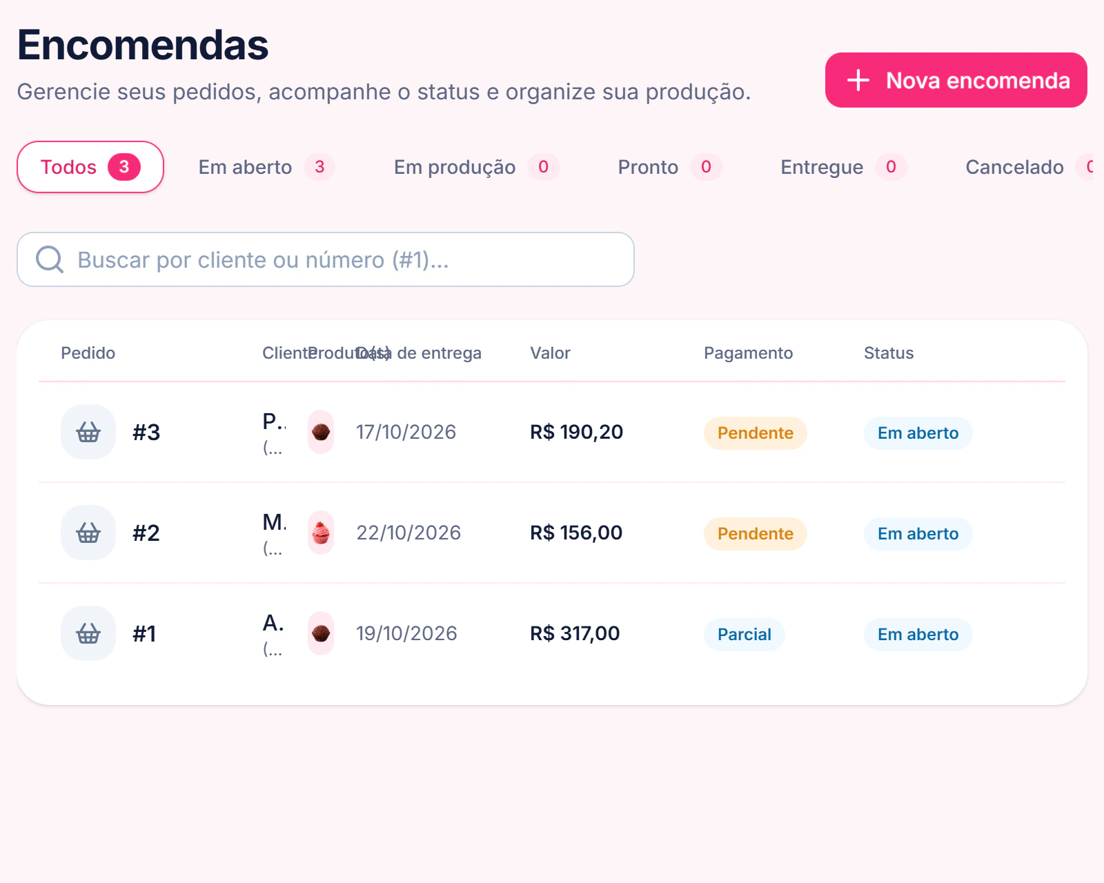 Lista de encomendas com prazos e valores