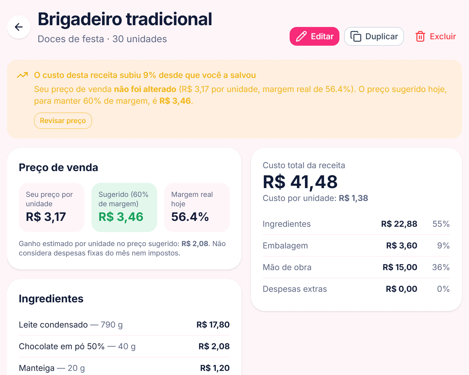 Tela de uma receita com custo, preço sugerido e margem