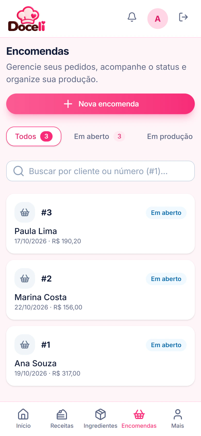 Lista de encomendas com prazos e valores