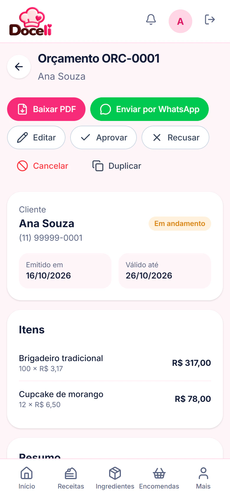 Tela de um orçamento com os botões Baixar PDF e Enviar por WhatsApp