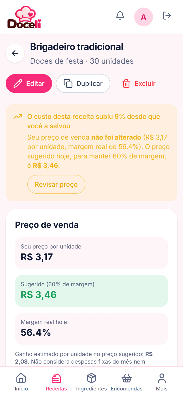 Tela de uma receita no celular, com o preço sugerido e a margem